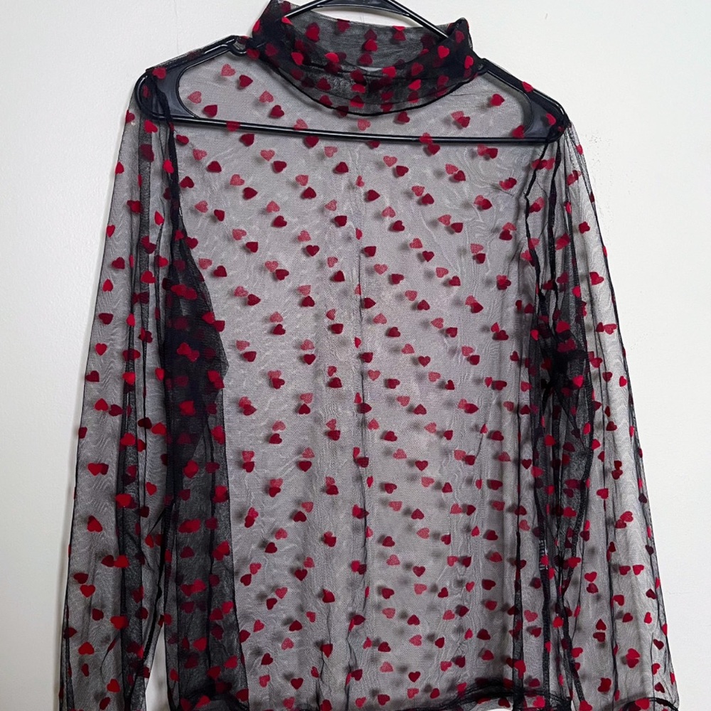 SheIn Curve Mesh Mock Neck Heart Sheer Top XXL/2x